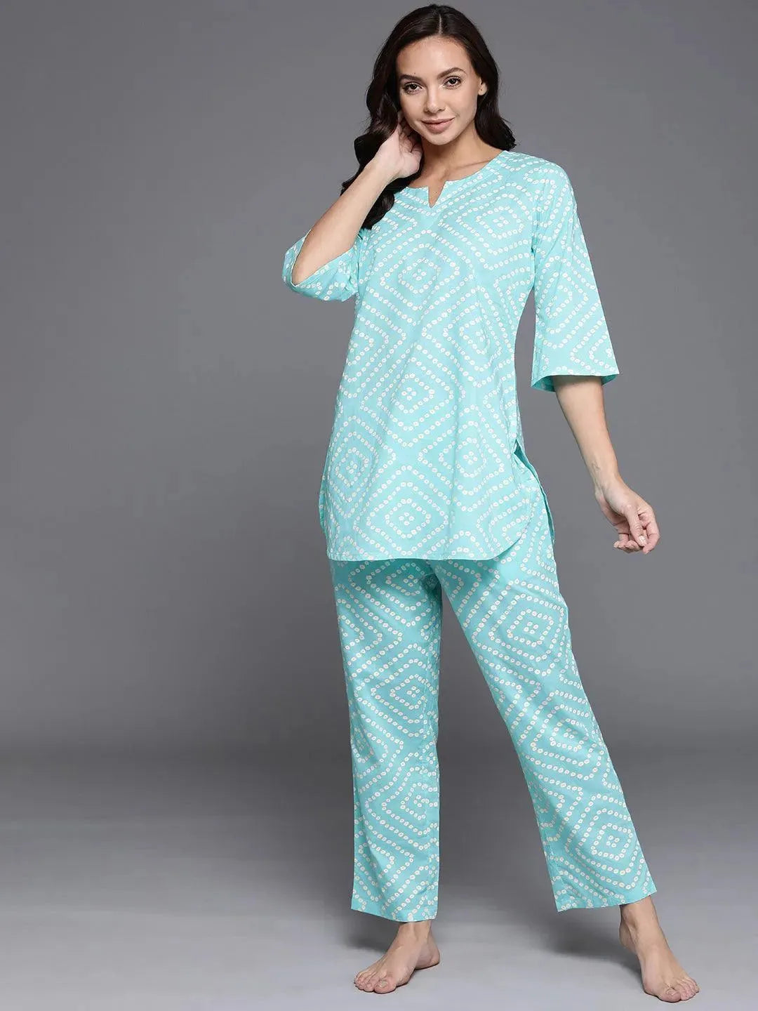 Blue Printed Cotton Night Suit - Libas