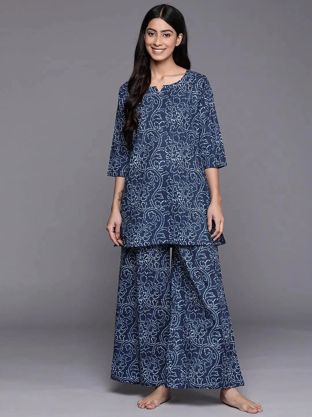 Blue Printed Cotton Night Suit - Libas