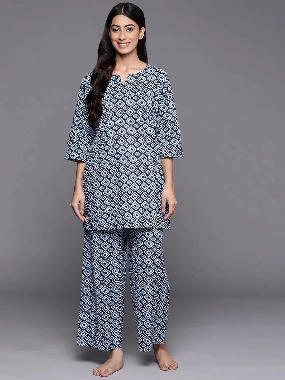 Blue Printed Cotton Night Suit - Libas 