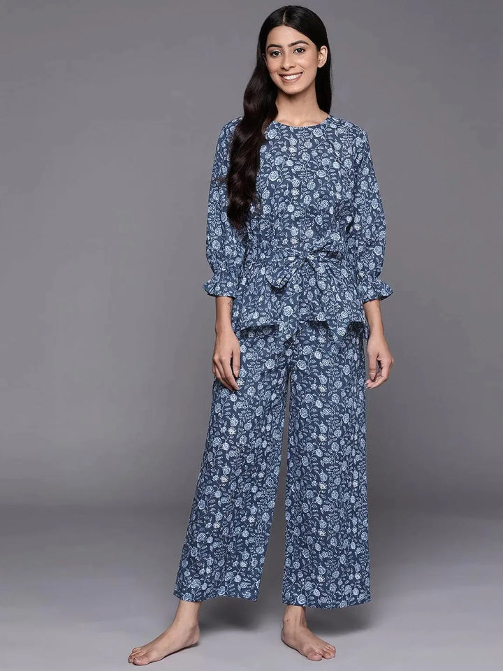 Blue Printed Cotton Night Suit - Libas