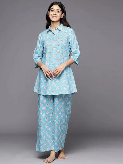 Blue Printed Cotton Night Suit - Libas