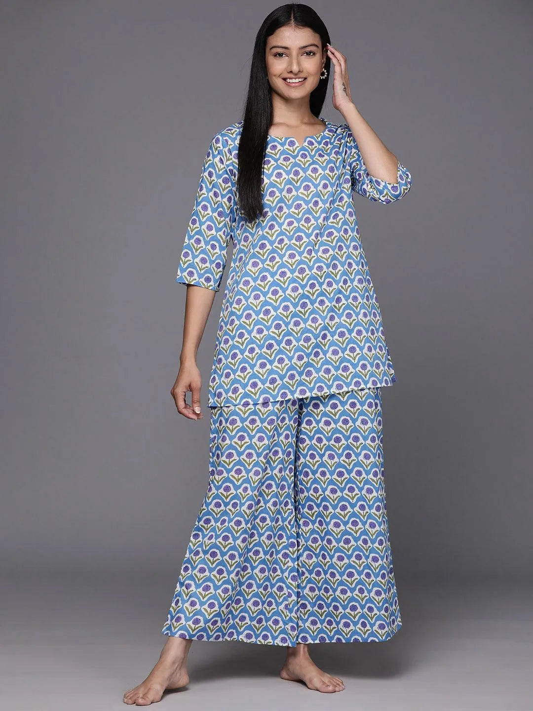 Blue Printed Cotton Night Suit - Libas 