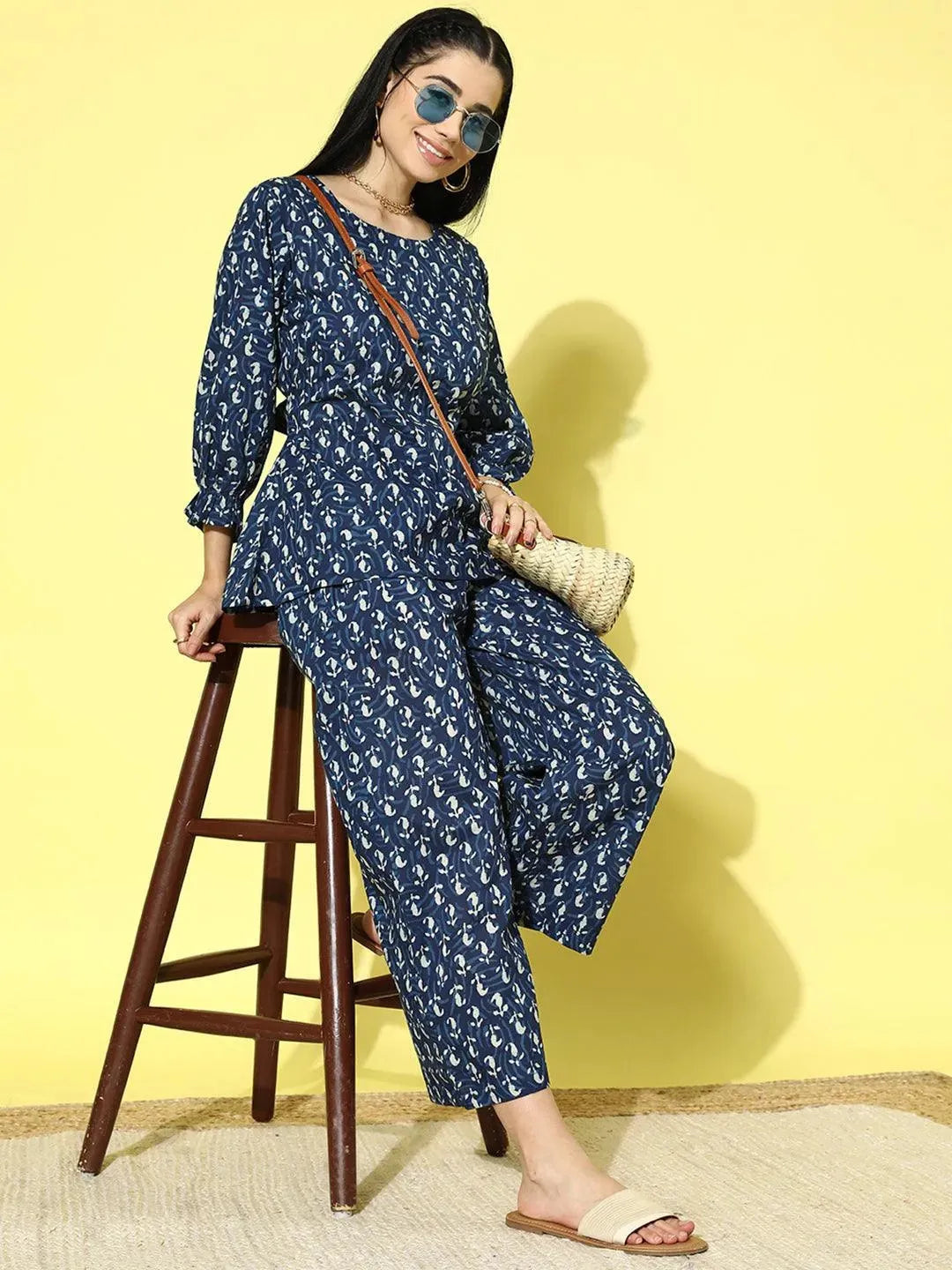 Blue Printed Cotton Night Suit - Libas 