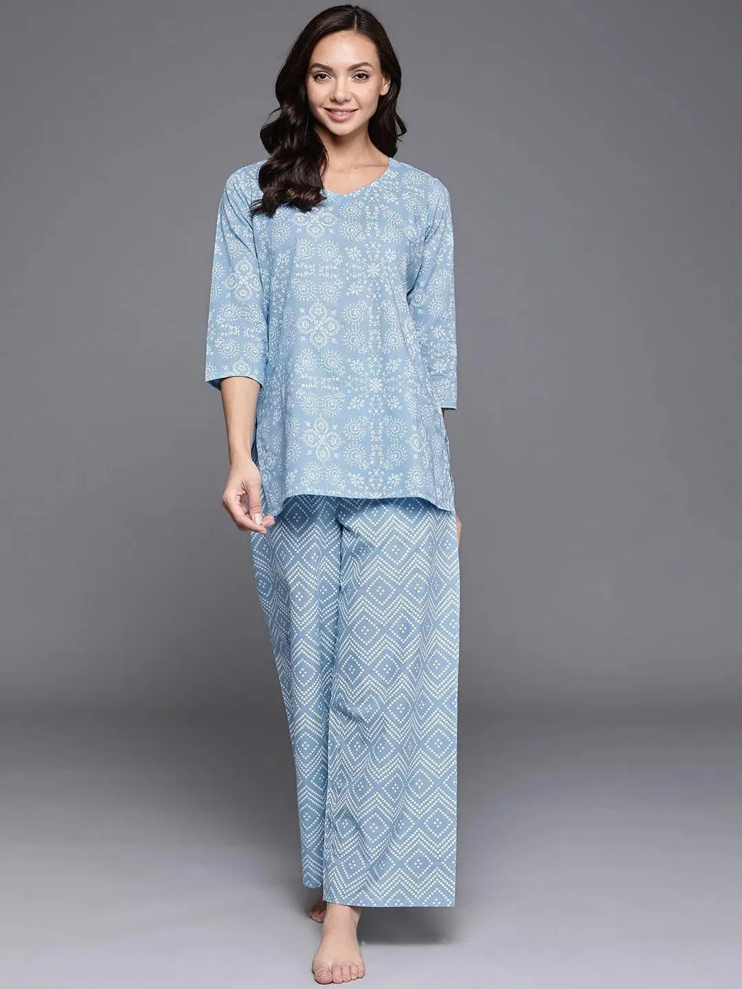 Blue Printed Cotton Night Suit - Libas