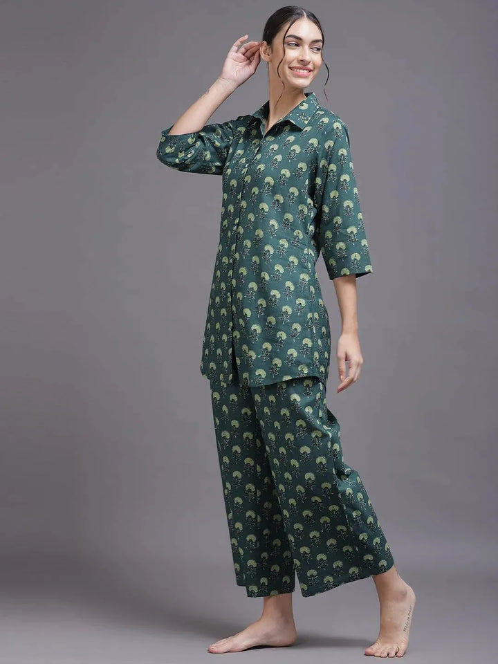 Blue Printed Cotton Night Suit - Libas