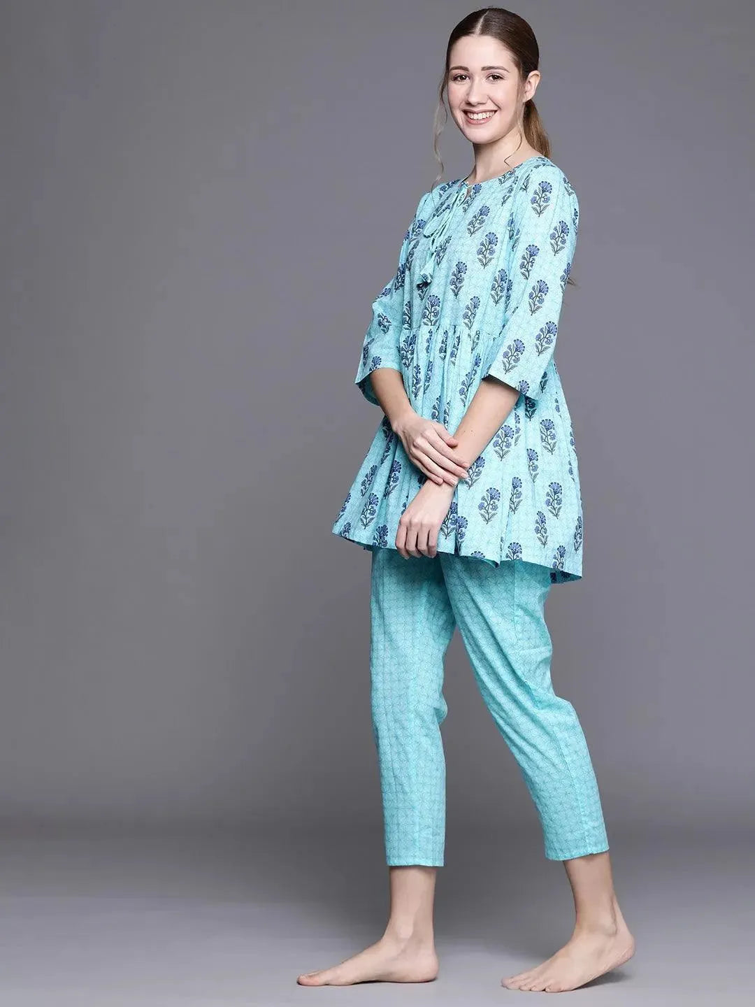 Blue Printed Cotton Night Suit - Libas