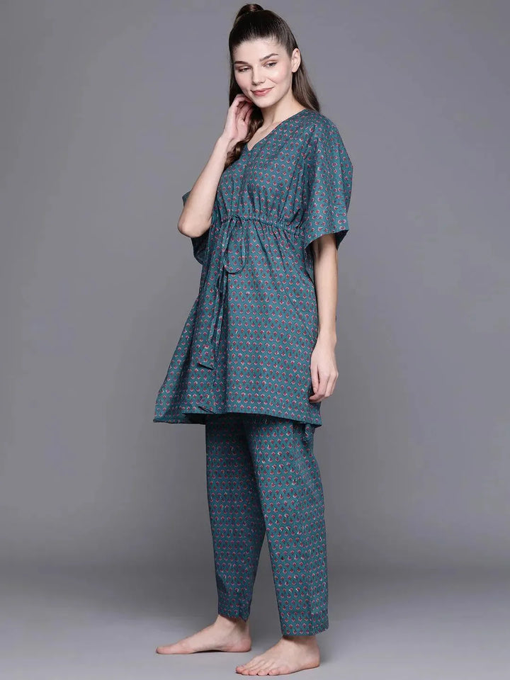 Blue Printed Cotton Night Suit - Libas