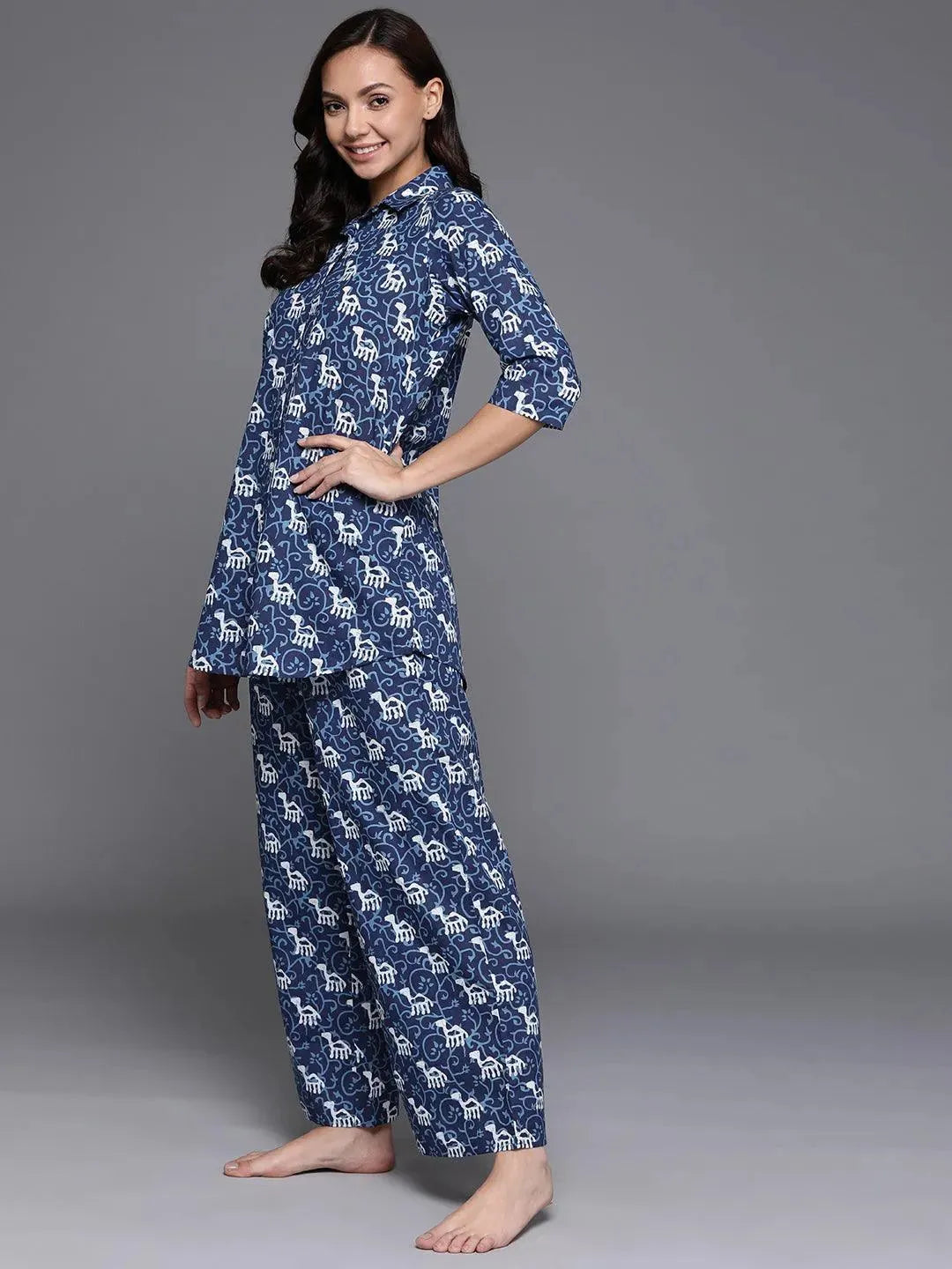 Blue Printed Cotton Night Suit - Libas