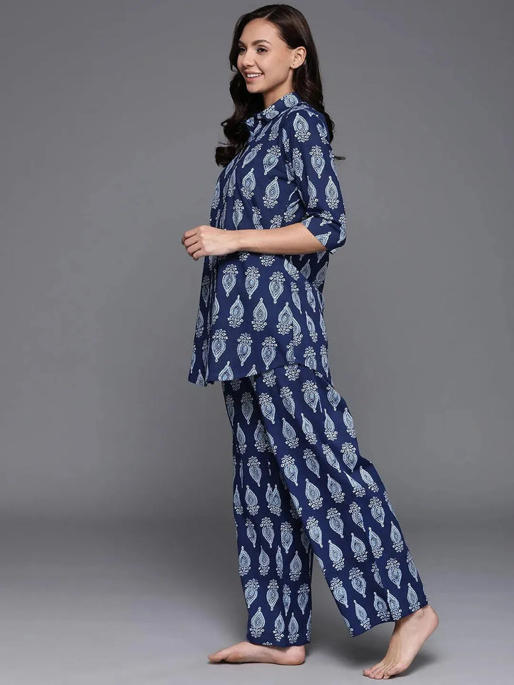 Blue Printed Cotton Night Suit - Libas