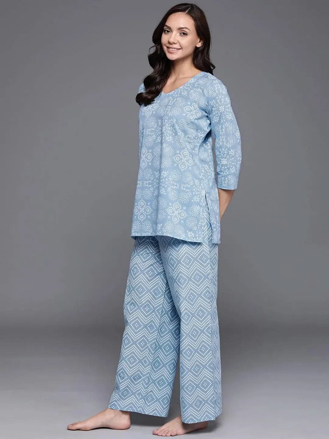 Blue Printed Cotton Night Suit - Libas 