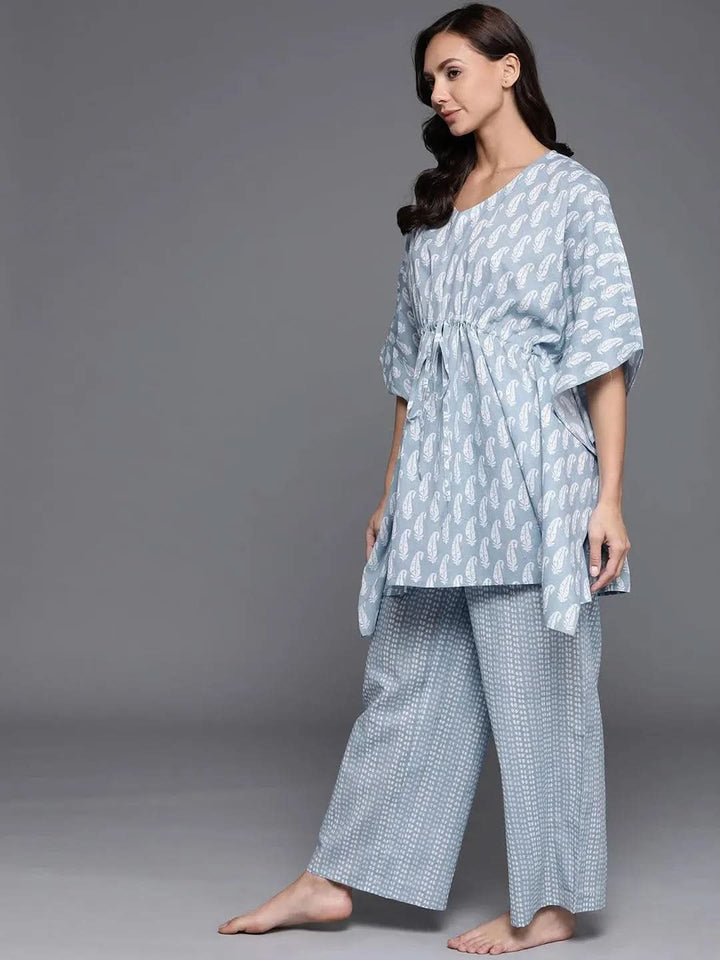 Blue Printed Cotton Night Suit - Libas