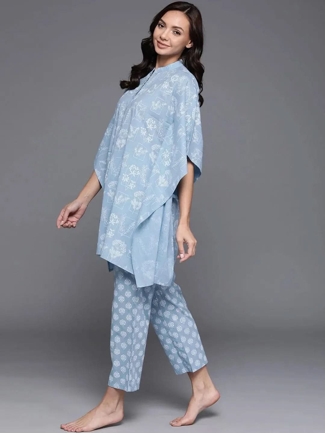 Blue Printed Cotton Night Suit - Libas 