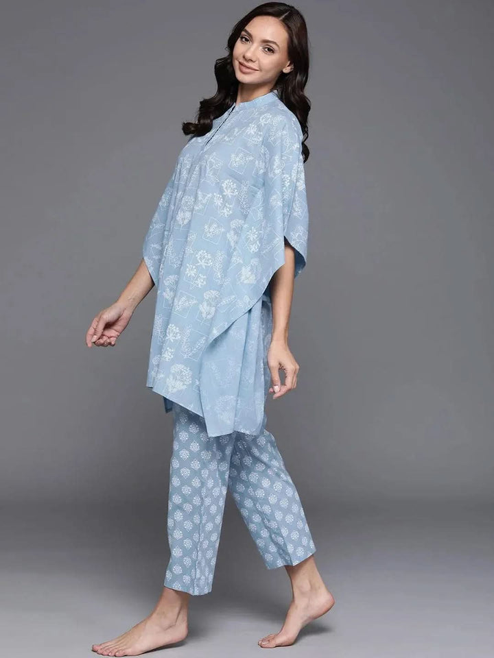 Blue Printed Cotton Night Suit - Libas