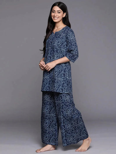 Blue Printed Cotton Night Suit - Libas