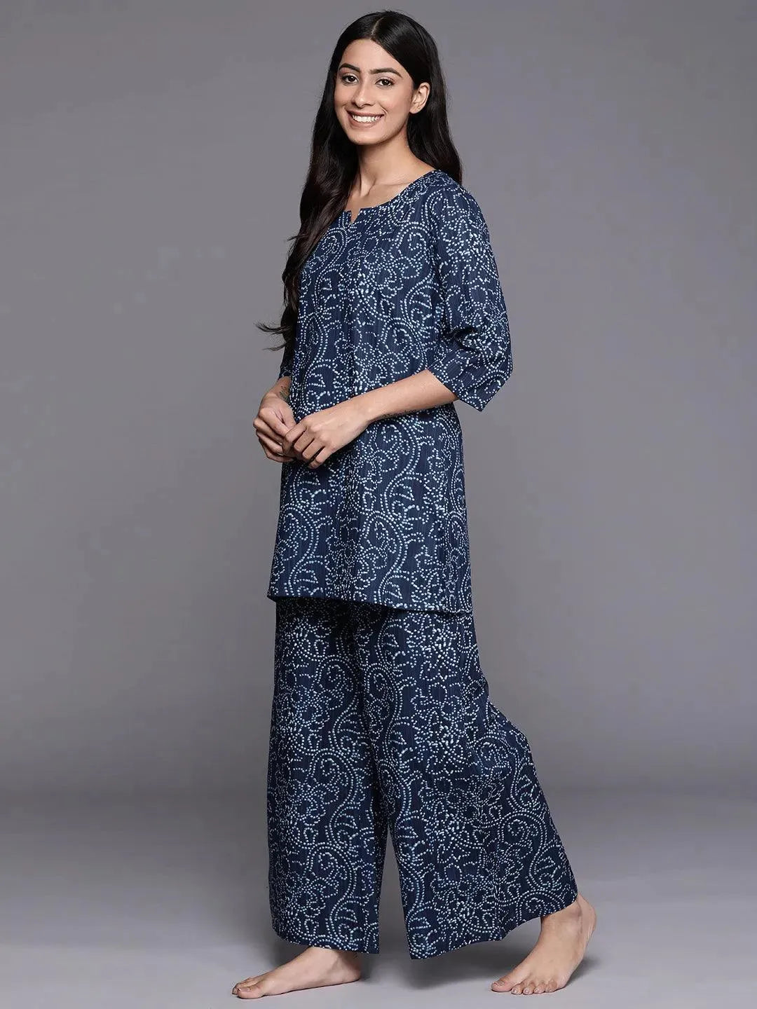Blue Printed Cotton Night Suit - Libas 