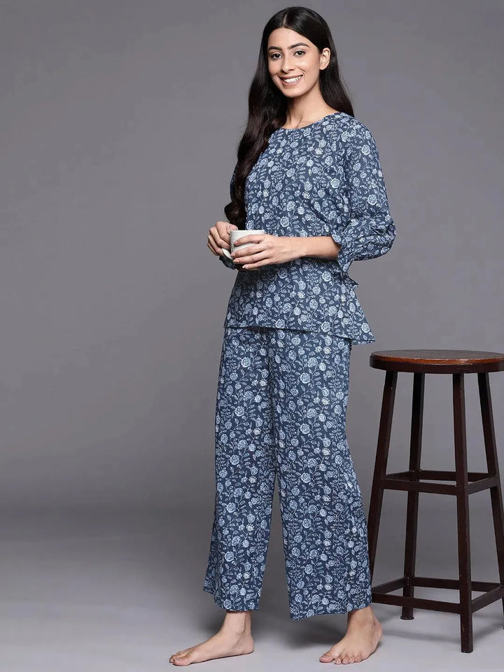 Blue Printed Cotton Night Suit - Libas