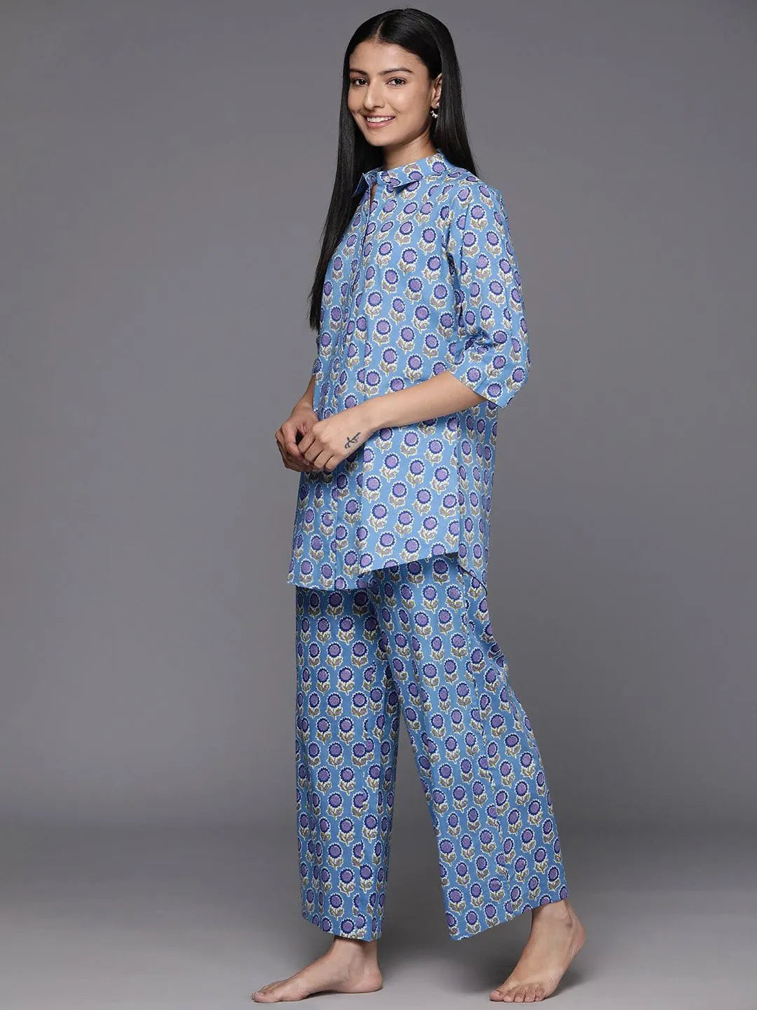 Blue Printed Cotton Night Suit - Libas 