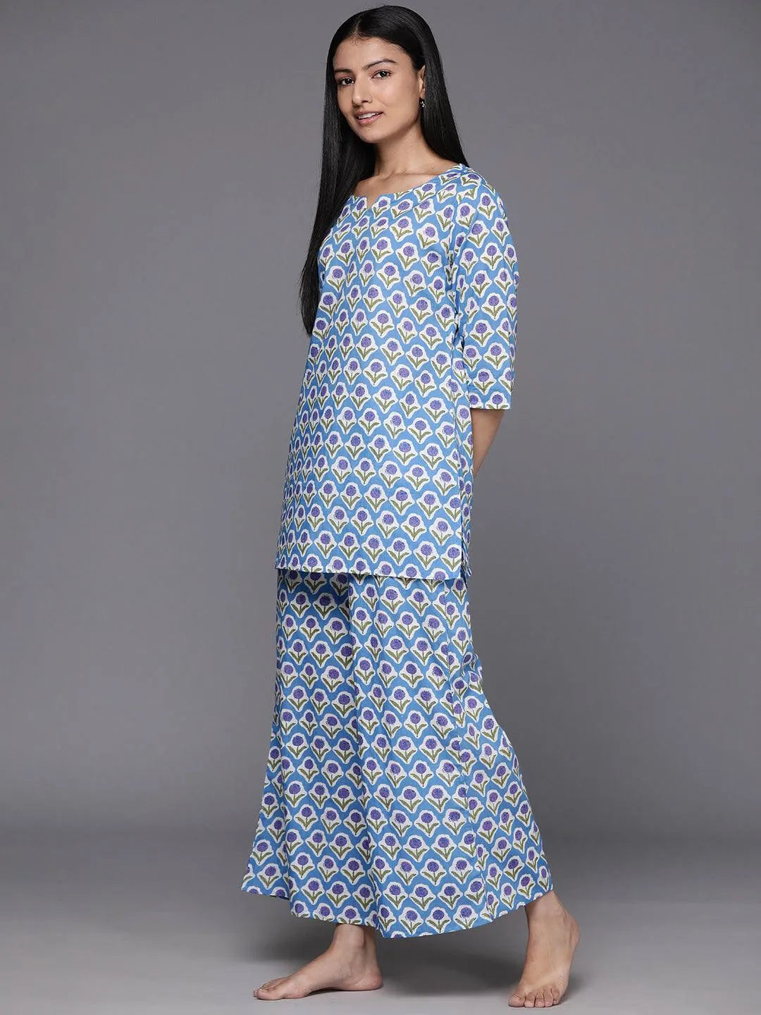Blue Printed Cotton Night Suit - Libas 