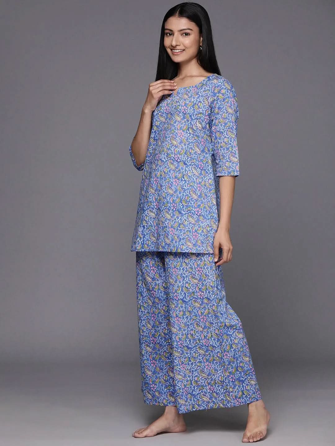 Blue Printed Cotton Night Suit - Libas 