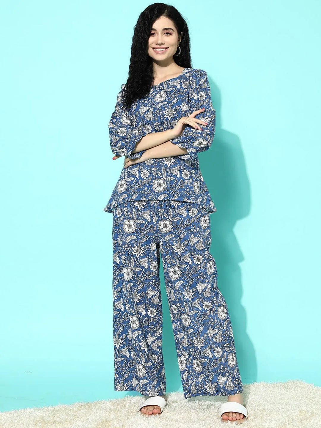 Blue Printed Cotton Night Suit - Libas