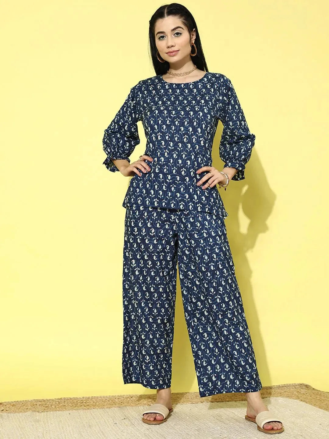Blue Printed Cotton Night Suit - Libas 