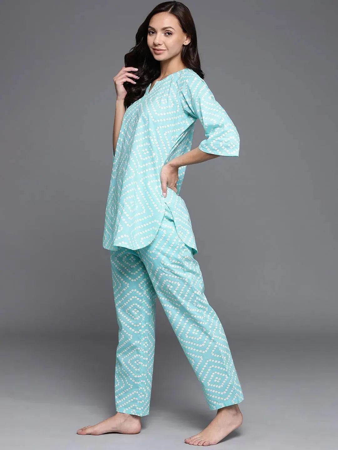 Blue Printed Cotton Night Suit - Libas 