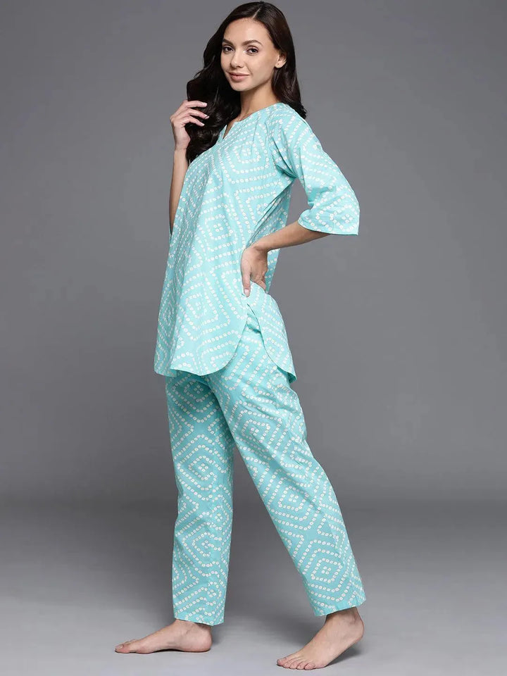 Blue Printed Cotton Night Suit - Libas