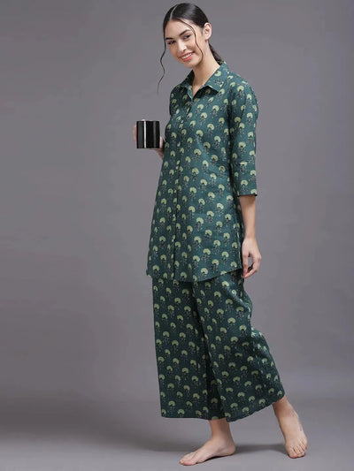 Blue Printed Cotton Night Suit - Libas
