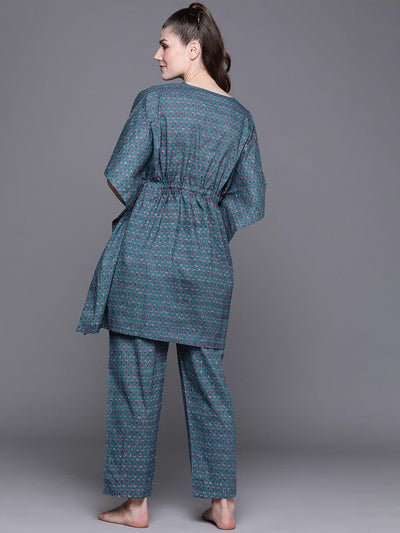 Blue Printed Cotton Night Suit - Libas
