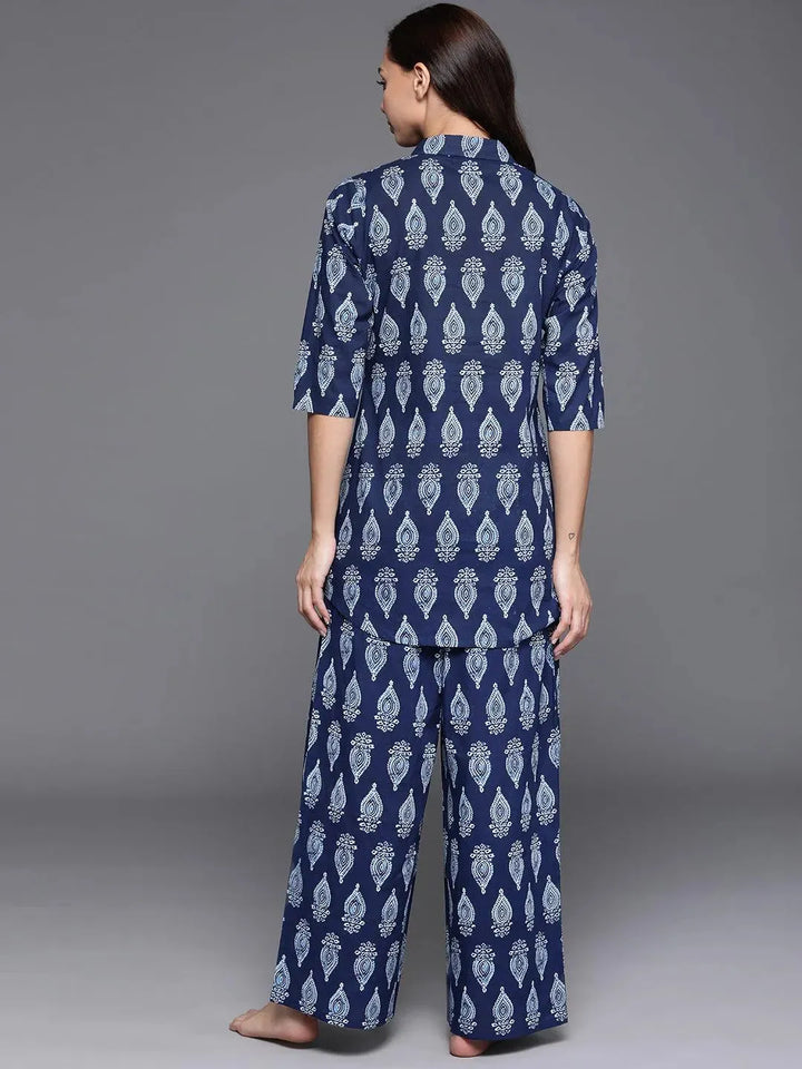 Blue Printed Cotton Night Suit - Libas