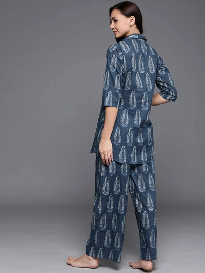 Blue Printed Cotton Night Suit - Libas