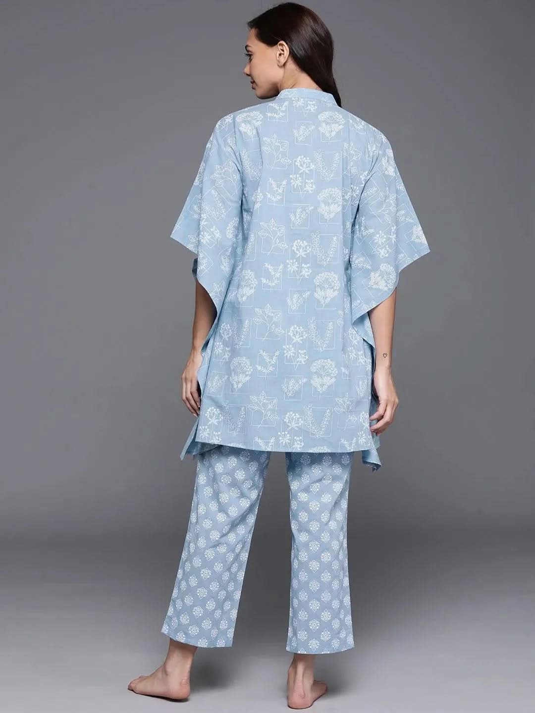 Blue Printed Cotton Night Suit - Libas 