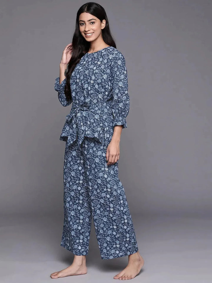 Blue Printed Cotton Night Suit - Libas