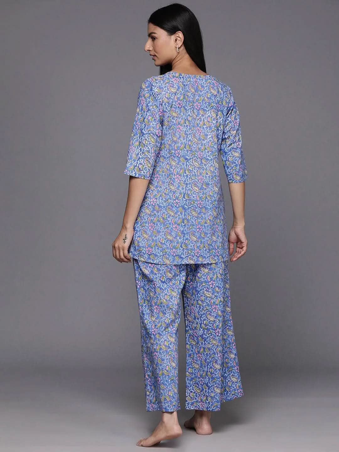 Blue Printed Cotton Night Suit - Libas 