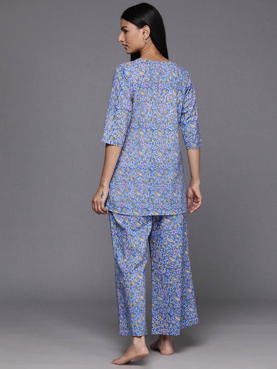 Blue Printed Cotton Night Suit - Libas