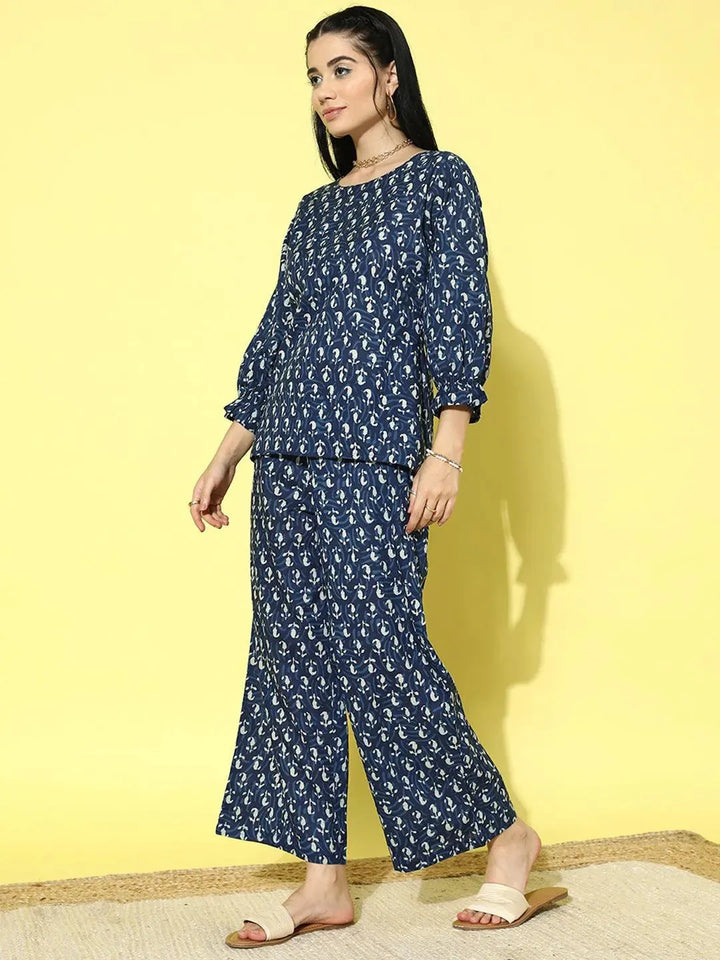 Blue Printed Cotton Night Suit - Libas