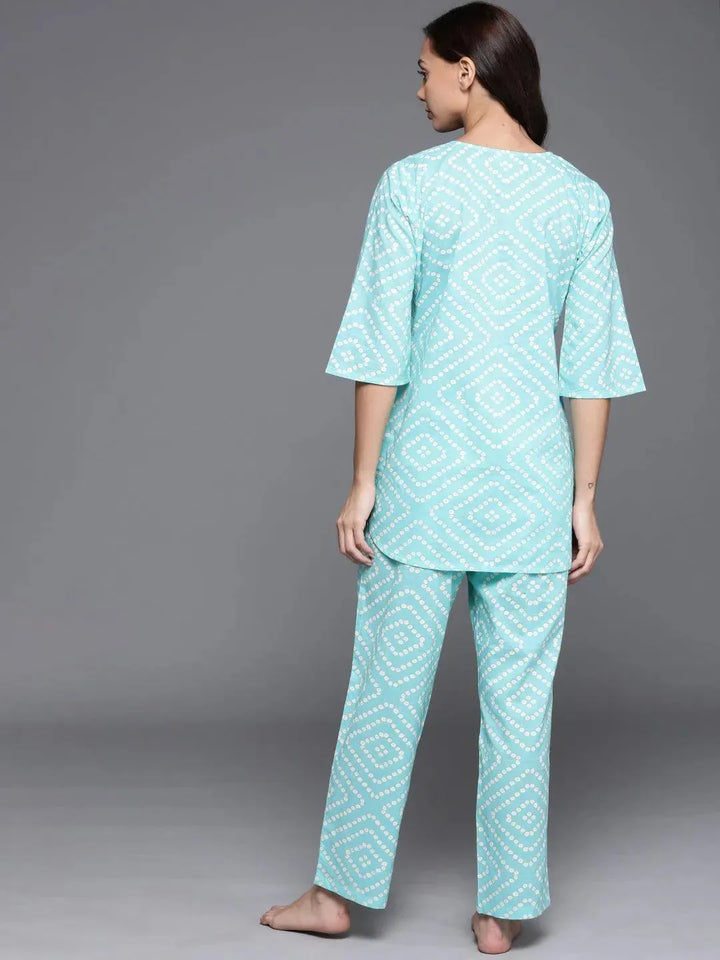 Blue Printed Cotton Night Suit - Libas