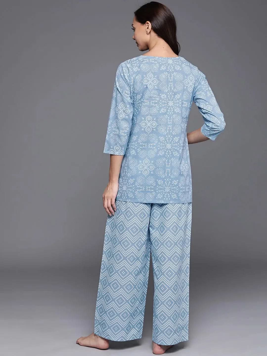 Blue Printed Cotton Night Suit - Libas 