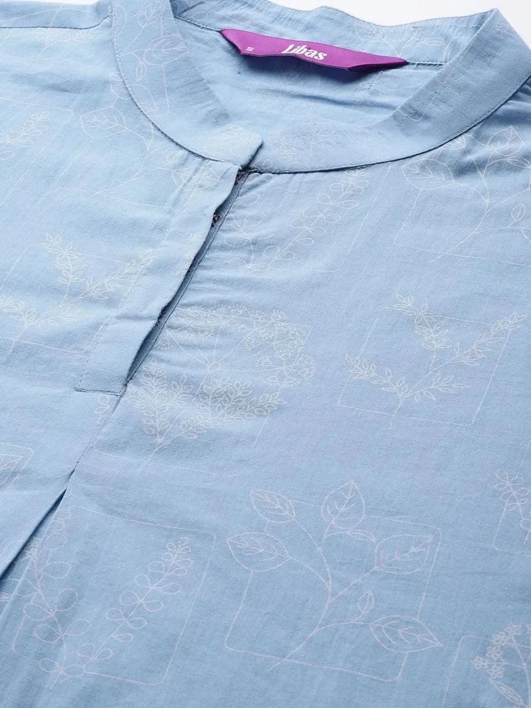 Blue Printed Cotton Night Suit - Libas 