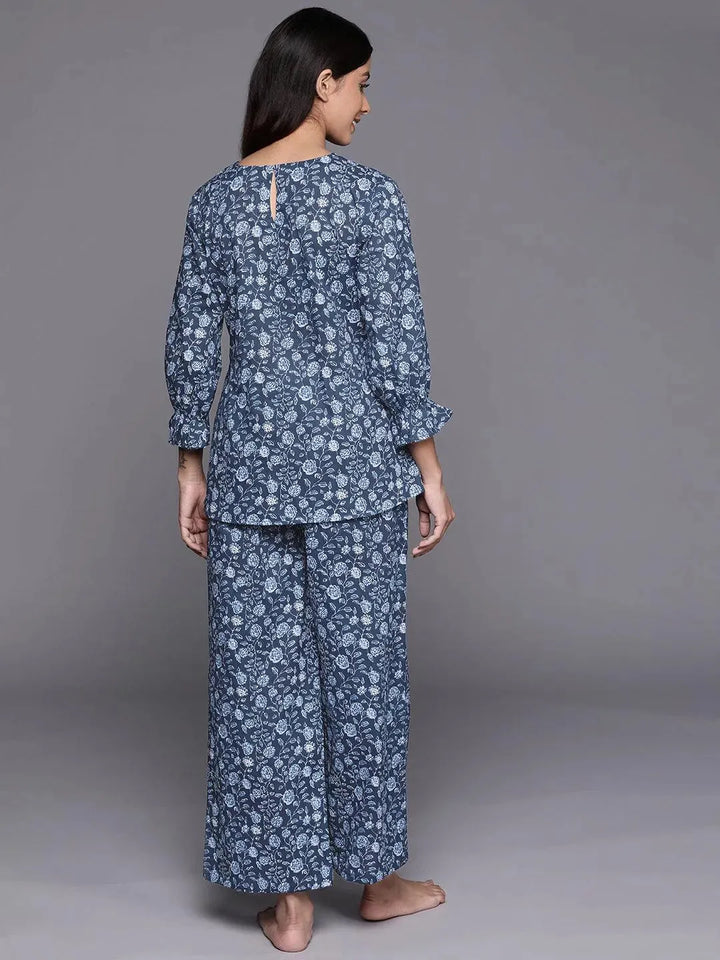 Blue Printed Cotton Night Suit - Libas