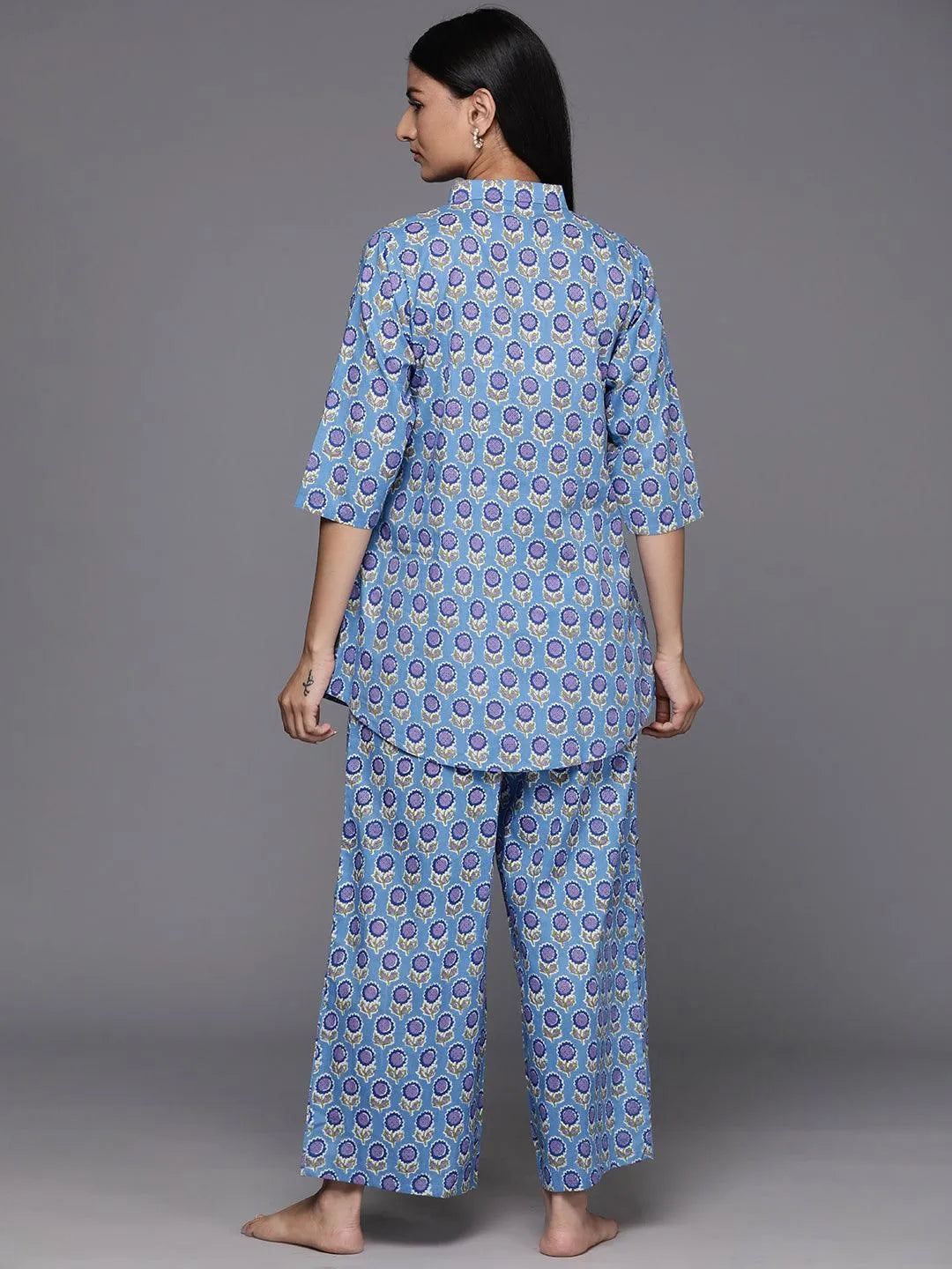 Blue Printed Cotton Night Suit - Libas 