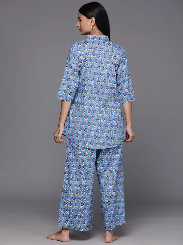 Blue Printed Cotton Night Suit - Libas