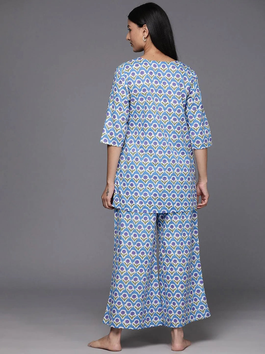 Blue Printed Cotton Night Suit - Libas 