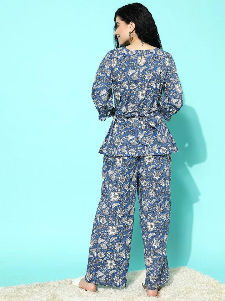 Blue Printed Cotton Night Suit - Libas