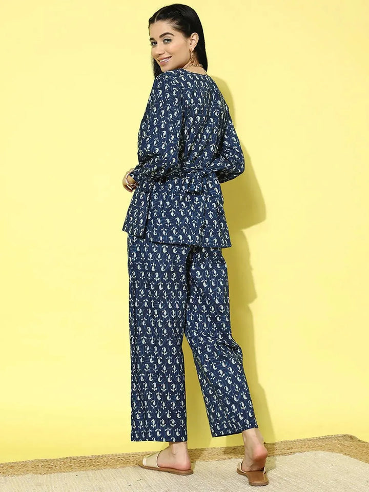Blue Printed Cotton Night Suit - Libas