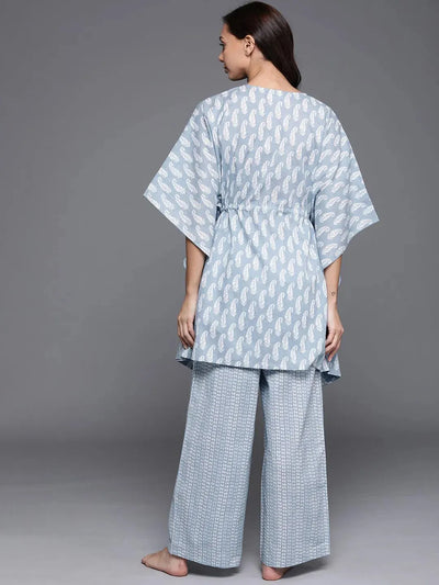 Blue Printed Cotton Night Suit - Libas