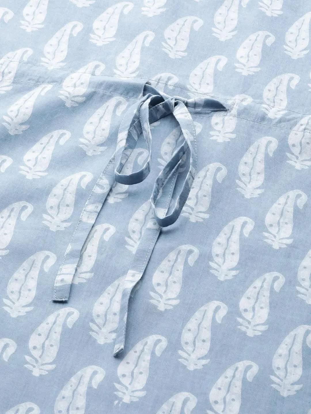 Blue Printed Cotton Night Suit - Libas 