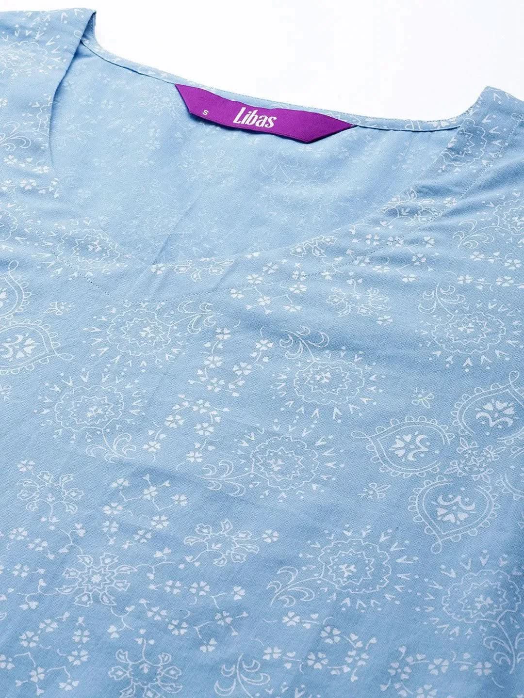 Blue Printed Cotton Night Suit - Libas 