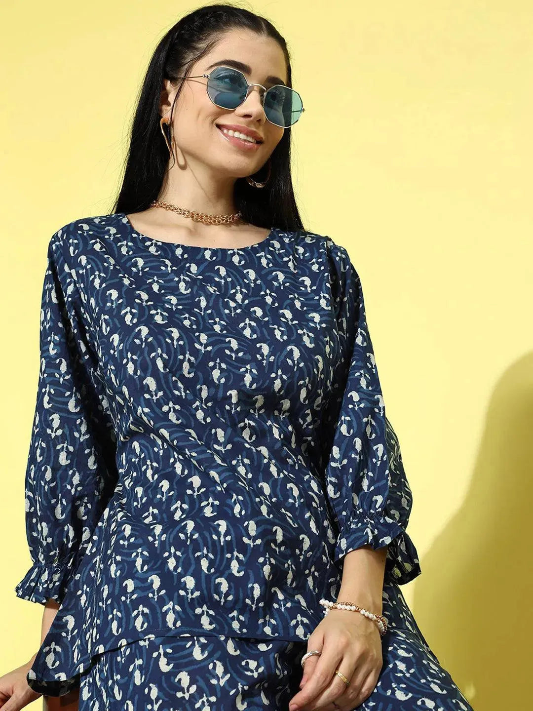 Blue Printed Cotton Night Suit - Libas 