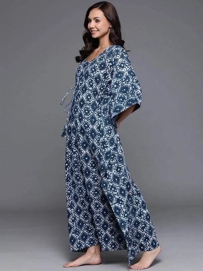 Blue Printed Cotton Nightdress - Libas